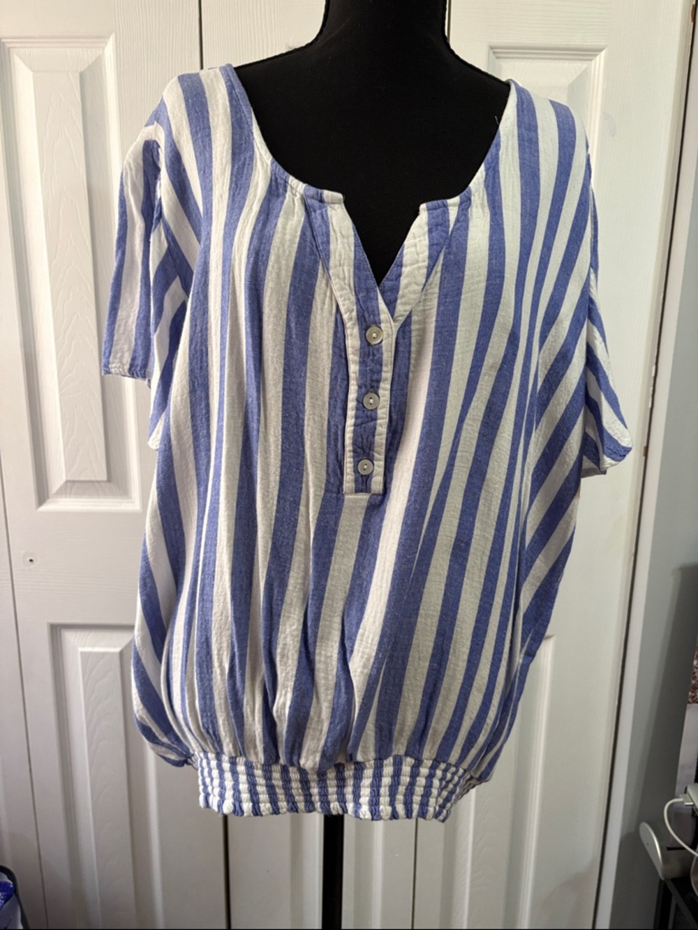 French Laundry Blue and White Striped Henley Blouson Top